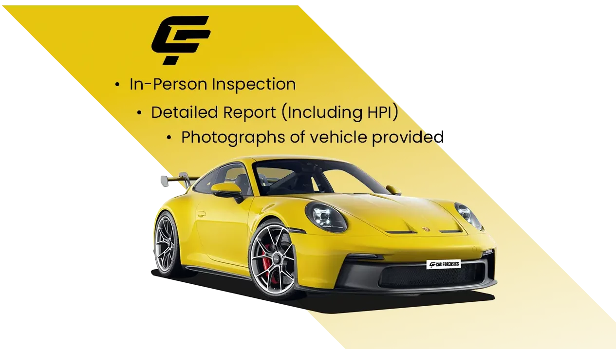 Car Forensics , In-Person Inspection , Detailed Report (Including HPI) , Photographs of vehicle provided.